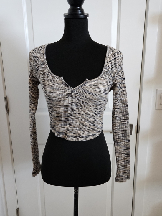 Urban Outfitters Tops - Urban Outfitters Ribbed Notched Crop Top Marled Beige Black Small Petite